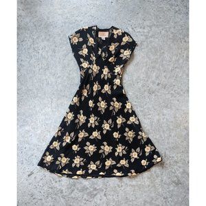 Black Silk Maxi Dress with Yellow Floral Pattern